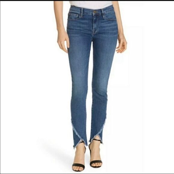 FRAME Denim-Le Skinny Jeans Cristallo Fringe Tulip Hem Jeans, Size 26 - Picture 1 of 16